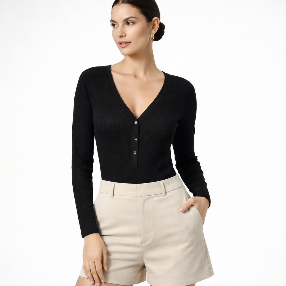 Express Black Ribbed Bodysuit Women M V-Neck Button Long Sleeve Stretch Fitted